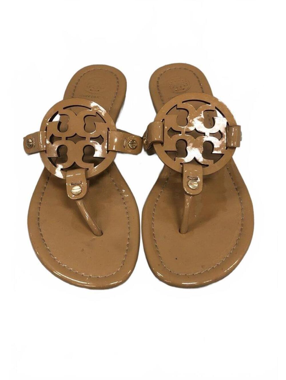 Tory Burch Miller Sand Tan Patent Leather Logo Thong Sandals Women's Size 6M